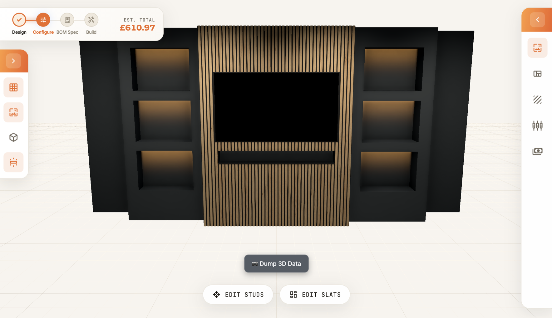 The Wallwrightunits 3D configurator: a designed media wall with a slatted TV panel, LED-lit recesses and a live £610.97 estimate, plus Edit Studs and Edit Slats controls